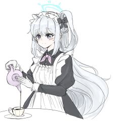 Rule 34 | 1girl, apron, black ribbon, blue archive, blush, cup, halo, highres, holding, holding teapot, looking at object, maid, maid apron, maid headdress, mendel pea, miyako (blue archive), pink scarf, purple eyes, ribbon, scarf, simple background, solo, tea, teacup, teapot, white background, white hair