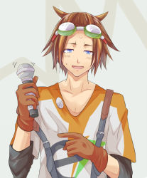 Rule 34 | 10s, 1boy, blue eyes, brown hair, gloves, goggles, goggles on head, ian (744477), idolmaster, idolmaster side-m, male focus, microphone, open mouth, sex toy, shiraishi eru, short hair, smile, solo, suspenders, sweatdrop, vibrator