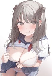 Rule 34 | 1girl, blue sailor collar, blue skirt, blush, bra, bra tug, breasts, brown eyes, brown hair, cleavage, clothes lift, clothes tug, commentary, double bun, from above, gradient background, grey background, grin, hair between eyes, hair bun, highres, large breasts, lifted by self, long hair, looking at viewer, original, panties, pleated skirt, red scarf, sailor collar, scarf, school uniform, serafuku, shin no tenpii, shirt, shirt lift, short sleeves, simple background, skirt, skirt hold, skirt lift, smile, solo, standing, symbol-only commentary, teeth, underwear, white background, white bra, white panties, white shirt