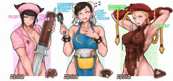 Rule 34 | 3girls, puff of air, ahoge, animal print, apron, arms behind head, beret, black hair, blonde hair, blue eyes, bottomless, bracelet, braid, brown eyes, brown hair, bug, bun cover, cammy white, capcom, chocolate, chocolate clothes, chocolate covered, chocolate on body, chocolate on breasts, chun-li, commentary, cowboy shot, dated, double bun, emblem, english commentary, english text, eyepatch, flying sweatdrops, food, food on body, food on face, garrison cap, gloves, hair bun, hair horns, han juri, hat, hershuar, highres, huge ahoge, jewelry, large syringe, long hair, looking at viewer, melting, multiple girls, naked apron, naked chocolate, no bra, nude, nurse, nurse cap, oversized object, pelvic curtain, purple eyes, scar, short hair, spider, spider print, spiked bracelet, spikes, street fighter, street fighter v, sweatdrop, syringe, twin braids, twintails, twitter username, valentine, whisk, wooden spoon