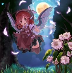 Rule 34 | 1girl, animal ears, bad id, bad pixiv id, brown eyes, brown hat, brown thighhighs, dress, falling feathers, feathers, female focus, fingernails, flower, flying, full moon, glowing, grass, hat, highres, hutaba123, long fingernails, looking at viewer, moon, moonlight, mystia lorelei, nature, night, open mouth, outstretched hand, red eyes, short hair, solo, thighhighs, touhou, tree, wings