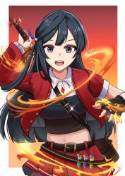 Rule 34 | 1girl, absurdres, belt, black gloves, black hair, border, breasts, commentary, fingerless gloves, fire, gloves, gradient background, grey eyes, highres, holding, holding sword, holding weapon, long hair, looking at viewer, love live!, love live! nijigasaki high school idol club, medium breasts, midriff, navel, one side up, orange background, red background, single glove, smile, solo, sword, upper body, weapon, whin, white border, yuki setsuna (love live!)