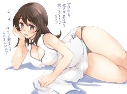 Rule 34 | 10s, 1girl, abenattou, arm support, bare shoulders, breasts, brown eyes, brown hair, china dress, chinese clothes, cleavage, cleavage cutout, clothing cutout, crotch seam, curvy, dress, girls und panzer, grey panties, head rest, large breasts, long dress, long hair, looking to the side, lying, mika (girls und panzer), on side, open mouth, panties, pantyshot, shadow, simple background, skindentation, sleeveless, sleeveless dress, smile, solo, sparkle, thick thighs, thigh gap, thighs, translation request, underwear, white background, white dress, wide hips