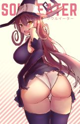 Rule 34 | 1girl, absurdres, ass, bad id, bad pixiv id, bare shoulders, black hat, black thighhighs, blair (soul eater), blush, breasts, dress, elbow gloves, english text, fang, from behind, gloves, hat, highres, huge ass, huge filesize, large breasts, long hair, looking at viewer, open mouth, panties, pink hair, short dress, sideboob, sketch, smile, solo, soul eater, spoonkitty, thighhighs, thighs, underwear, unfinished, very long hair, wedgie, witch, witch hat, yellow eyes