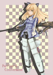Rule 34 | 00s, 1girl, animal ears, bad id, bad pixiv id, blonde hair, bren lmg, glasses, gun, light machine gun, long hair, mocco (mocco san1), panties, panties under pantyhose, pantyhose, perrine h. clostermann, solo, spacemocco))), strike witches, striker unit, sword, tail, underwear, uniform, weapon, world witches series, yellow eyes