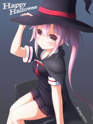 Rule 34 | 10s, 1girl, bad id, bad pixiv id, cape, halloween, halloween costume, happy halloween, harusame (kancolle), hat, highres, kantai collection, looking at viewer, natsuya (pucelle), pink hair, pleated skirt, red eyes, school uniform, serafuku, side ponytail, skirt, smile, solo, witch hat