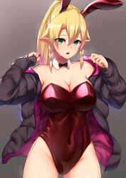 Rule 34 | 1girl, :o, alternate costume, animal ears, blonde hair, breasts, fake animal ears, feet out of frame, green eyes, grey background, highres, jacket, large breasts, leafa, leotard, light blush, miyashiro ryuutarou, nails, open mouth, playboy bunny, pointy ears, ponytail, rabbit ears, ribbon, sweat, sword art online, thighs, worried