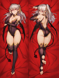 Rule 34 | 1girl, absurdres, bat wings, bed sheet, black thighhighs, braid, breast hold, breasts, commentary, dakimakura (medium), demon girl, demon tail, english commentary, feet, from behind, grey hair, hair ribbon, heart, heart-shaped pupils, highres, huge filesize, long hair, lying, multiple views, nail polish, on stomach, original, peachpa, pointy ears, red sheet, ribbon, soles, symbol-shaped pupils, tail, thighhighs, thighs, wings, zettai ryouiki