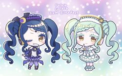 Rule 34 | 2girls, :d, arm up, black dress, black footwear, blue hair, braid, braided bangs, character name, chibi, closed mouth, commentary request, crescent, crescent hair ornament, dress, falala a larm, finger to cheek, full body, garara s leep, green hair, hair ornament, happy birthday, head chain, headphones, highres, idol time pripara, kokichi yoko, long hair, looking at viewer, multiple girls, one eye closed, open mouth, outline, pretty series, pripara, shoes, short sleeves, smile, standing, sun hair ornament, thighhighs, twintails, very long hair, white dress, white outline, yellow eyes