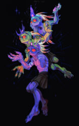 Rule 34 | 3boys, absurdres, alien, bald, barefoot, black background, black skirt, bodypaint, cardo-de-comer, character request, claws, colored skin, feathers, forehead jewel, full body, glowing headgear, green skin, highres, injury, missing limb, multiple boys, neon palette, no humans, no pupils, oddworld, pointy ears, purple skin, red eyes, skirt