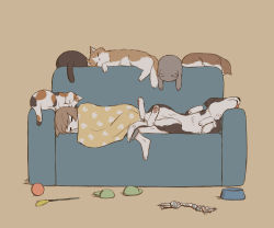 Rule 34 | 1boy, absurdres, animal focus, avogado6, barefoot, blanket, brown background, brown hair, calico, cat, cat teaser, closed eyes, commentary request, couch, dog, highres, lying, on couch, on side, original, simple background, sleeping, slippers, unworn slippers, solo, toy, under covers
