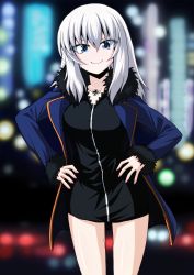 Rule 34 | 1girl, black dress, blue coat, blue eyes, coat, cosplay, dress, fate/grand order, fate (series), full-length zipper, fur-trimmed coat, fur trim, girls und panzer, hands on own hips, highres, itsumi erika, jacket, jeanne d&#039;arc alter (fate), jeanne d&#039;arc alter (ver. shinjuku 1999) (fate), jeanne d&#039;arc alter (ver. shinjuku 1999) (fate) (cosplay), jewelry, kamishima kanon, looking at viewer, necklace, smile, solo, white hair, zipper