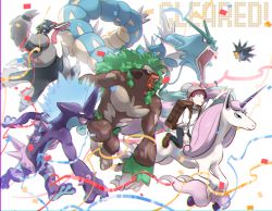 Rule 34 | 1boy, alternate costume, arm up, backpack, bag, beanie, black pants, brown bag, brown footwear, commentary request, confetti, creatures (company), dynamax band, galarian form, galarian rapidash, game freak, gen 1 pokemon, gen 8 pokemon, grey headwear, gyarados, hat, looking up, male focus, nintendo, obstagoon, ohhhhhhtsu, pants, pincurchin, pokemon, pokemon (creature), pokemon swsh, riding, riding pokemon, rillaboom, shoes, short hair, sweater, toxtricity, toxtricity (low key), victor (pokemon), white background, white sweater