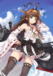 Rule 34 | 10s, 1girl, ahoge, aircraft, airplane, armpits, blush, brown eyes, brown hair, cannon, contrail, day, detached sleeves, highres, kantai collection, kongou (kancolle), long hair, looking at viewer, miniskirt, miu (angelo whitechoc), nontraditional miko, sarashi, skirt, smile, solo, thighhighs, thighs, turret, zettai ryouiki