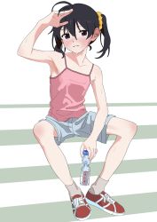 Rule 34 | 1girl, absurdres, antenna hair, armpits, bare shoulders, black hair, blush, bottle, camisole, collarbone, dot nose, eyebrows, female focus, flat chest, full body, hair ornament, hair scrunchie, hand up, highres, holding, knees apart feet together, kuraue hinata, light smile, looking at viewer, parted lips, piezo, pink camisole, purple eyes, scrunchie, shoes, short hair, shorts, simple background, sitting, sneakers, socks, solo, sweat, twintails, water bottle, yama no susume, yellow scrunchie