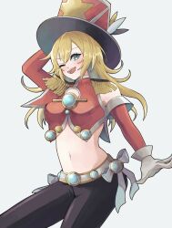 Rule 34 | 1girl, ;d, absurdres, arm up, asymmetrical sleeves, black pants, blonde hair, blue eyes, breasts, capelet, cleavage cutout, clothing cutout, commentary, crop top, detached sleeves, duel monster, epaulettes, hair between eyes, hat, highres, light blush, long hair, looking at viewer, medium breasts, midriff, navel, one eye closed, open mouth, orb, pants, pendulum witch, red capelet, red hat, red shirt, shirt, sidelocks, simple background, single bare shoulder, single detached sleeve, smile, solo, standing, star (symbol), tamatarou, teeth, top hat, upper teeth only, white background, yu-gi-oh!