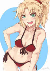 Rule 34 | 1girl, :d, bikini, blonde hair, blush, breasts, commentary, darahan, fang, fate/grand order, fate (series), front-tie bikini top, front-tie top, gluteal fold, green eyes, hair ornament, hair scrunchie, hand on own hip, leaning forward, looking at viewer, medium breasts, medium hair, messy hair, mordred (fate), mordred (fate) (all), mordred (fate/apocrypha), mordred (swimsuit rider) (fate), mordred (swimsuit rider) (first ascension) (fate), navel, open mouth, ponytail, red bikini, red scrunchie, scrunchie, side-tie bikini bottom, signature, smile, solo, string bikini, swimsuit