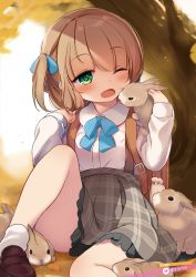 Rule 34 | 1girl, animal, animal on shoulder, blue bow, blue ribbon, blush, bow, brown footwear, brown hair, collared shirt, day, dress shirt, green eyes, grey skirt, hair ribbon, hands up, highres, knee up, loafers, long sleeves, one eye closed, one side up, open mouth, original, outdoors, plaid, plaid skirt, pleated skirt, rabbit, ribbon, school uniform, shirt, shoes, sitting, skirt, sleeves past wrists, socks, solo, suspender skirt, suspenders, tree, tsumiki akeno, white shirt, white socks