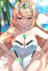 Rule 34 | 1girl, blonde hair, breasts, highres, large breasts, mythra (radiant beach) (xenoblade), mythra (xenoblade), solo, xenoblade chronicles (series), xenoblade chronicles 2, yellow eyes, zer00han