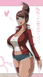 Rule 34 | 10s, 1girl, :d, asahina aoi, bandages, blue eyes, breasts, brown hair, cleavage, collarbone, curvy, danganronpa: trigger happy havoc, danganronpa (series), dark-skinned female, dark skin, female focus, hair ornament, hairclip, heart, huge breasts, jacket, looking at viewer, navel, open mouth, ponytail, short shorts, shorts, smile, solo, standing, thick thighs, thigh strap, thighs, toned, track jacket, wide hips, yunioshi