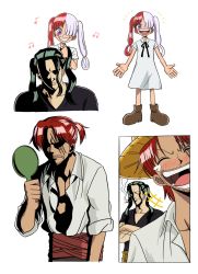 Rule 34 | 1girl, 2boys, age difference, aged down, alternate hairstyle, artist request, benn beckman, cheek bulge, child, disgust, father and daughter, grin, hat, highres, long hair, looking at another, mature male, multicolored hair, multiple boys, one piece, one piece film: red, red hair, sequential, shaded face, shanks (one piece), simple background, smile, smoking, straw hat, teeth, twintails, two-tone hair, uta (one piece), very long hair, yellow background