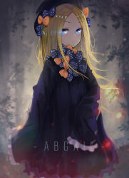 Rule 34 | 1girl, abigail williams (fate), abigail williams (traveling outfit) (fate), ano54, black bow, black dress, black hat, blonde hair, blue eyes, bow, bug, butterfly, character name, closed mouth, commentary, dress, fate/grand order, fate (series), forehead, hair bow, hat, highres, insect, long hair, long sleeves, looking at viewer, orange bow, parted bangs, polka dot, polka dot bow, signature, sleeves past fingers, sleeves past wrists, solo, very long hair
