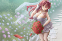 Rule 34 | 1girl, arched back, armpits, bare shoulders, blurry, blurry background, blush, bouquet, breasts, bridal gauntlets, bridal veil, bride, brown eyes, brown hair, cleavage, closed mouth, collarbone, dress, ear focus, falling petals, flower, frilled skirt, frills, goma anco (shiyoshiyo), hair blowing, hand up, headband, headgear, highres, holding, holding flower, hololive, houshou marine, jewelry, large breasts, lips, long hair, miniskirt, necklace, no bra, petals, red flower, red hair, red rose, rose, skirt, sleeveless, smile, thighhighs, thighs, veil, virtual youtuber, wedding dress, white dress, white veil