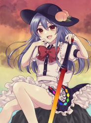 Rule 34 | 1girl, :d, absurdres, ass, black headwear, black skirt, blue hair, bow, bowtie, food, frilled skirt, frills, fruit, gradient sky, highres, hinanawi tenshi, holding, holding sword, holding weapon, keystone, long hair, looking at viewer, open mouth, outdoors, peach, red bow, red bowtie, red eyes, shirt, short sleeves, sitting, skirt, sky, smile, subaru (subachoco), sword, sword of hisou, touhou, weapon, white shirt