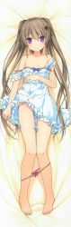 Rule 34 | 10s, 1girl, absurdres, ao no kanata no four rhythm, arisaka mashiro, bare shoulders, barefoot, blush, bra strap, breasts, brown hair, collarbone, dakimakura (medium), dress, feet, female focus, flower, frilled dress, frills, from above, full body, groin, hair flower, hair ornament, hairclip, highres, huge filesize, long hair, long image, looking at viewer, lying, no panties, official art, on back, panties, panty pull, partially visible vulva, pink panties, purple eyes, scan, small breasts, smile, solo, strap slip, sundress, sunflower, sunflower hair ornament, suzumori, tall image, toes, twintails, underwear, very long hair