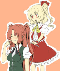 Rule 34 | 2girls, adjusting hair, alternate hairstyle, blush, blush stickers, braid, closed eyes, comb, embodiment of scarlet devil, female focus, flandre scarlet, hair ribbon, hairdressing, happy, hiroya juuren, hong meiling, long hair, mouth hold, multiple girls, one side up, ponytail, red eyes, red hair, ribbon, side ponytail, simple background, smile, touhou, twin braids, twintails, two side up, tying hair
