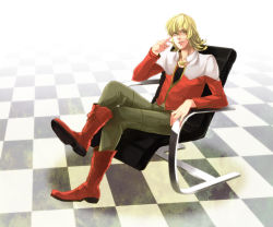 Rule 34 | 10s, 1boy, alica yu, bad id, bad pixiv id, barnaby brooks jr., belt, blonde hair, chair, checkered floor, floor, glasses, green eyes, jacket, jewelry, crossed legs, male focus, necklace, red jacket, sitting, solo, studded belt, tiger &amp; bunny