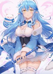 Rule 34 | 1girl, bare shoulders, beret, blue hair, blush, breasts, cleavage, coat, flower, hair between eyes, hair flower, hair ornament, half updo, haoni, hat, highres, hololive, large breasts, pointy ears, ribbon, simple background, solo, sword, thighhighs, virtual youtuber, weapon, white thighhighs, winter clothes, winter coat, yellow eyes, yukihana lamy