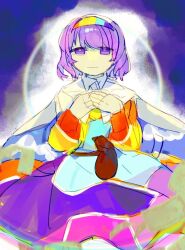 Rule 34 | 1girl, belt, brown belt, cape, chinese commentary, closed mouth, collared dress, commentary request, dress, hairband, highres, looking at viewer, multicolored clothes, multicolored dress, multicolored hairband, own hands together, phagic, pouch, purple eyes, purple hair, short hair, sketch, smile, solo, tenkyuu chimata, touhou, two-sided cape, two-sided fabric, white cape