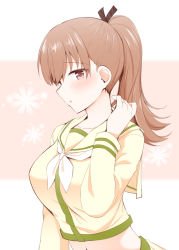 Rule 34 | 1girl, alternate hairstyle, brown eyes, brown hair, commentary request, floral background, highres, jewelry, kantai collection, long hair, midriff, neckerchief, ooi (kancolle), pink background, ponytail, profile, ring, rui shi (rayze ray), sailor collar, school uniform, serafuku, solo, upper body, wedding band, white neckerchief, yellow sailor collar, yellow serafuku