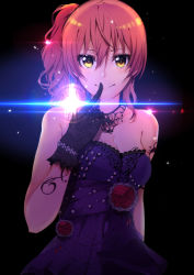 Rule 34 | 10s, 1girl, :&gt;, akuan (7jackpot7), arm tattoo, bad id, bad pixiv id, bare shoulders, black background, black gloves, breasts, cleavage, diffraction spikes, dress, finger to mouth, gem, gloves, hair between eyes, highres, idolmaster, idolmaster cinderella girls, idolmaster cinderella girls starlight stage, jewelry, jougasaki mika, lace, lace-trimmed dress, lace trim, lens flare, light particles, looking at viewer, necklace, pearl (gemstone), pink hair, purple dress, side ponytail, smile, solo, strapless, strapless dress, tattoo, upper body, yellow eyes