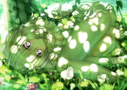 Rule 34 | 1girl, bad id, bad nicoseiga id, bare shoulders, blush, breasts, dappled sunlight, flower, green theme, leaf, light rays, long hair, looking at viewer, lying, on side, original, partially submerged, pink eyes, solo, sunbeam, sunlight, thighhighs, wataru (zazazazazazawa), water, white hair, white thighhighs