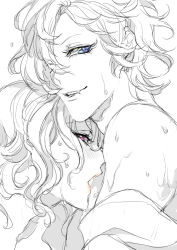 Rule 34 | 10s, 1boy, 1girl, bare shoulders, blue eyes, blush, curly hair, diabolik lovers, eyelashes, fangs, from side, hair over one eye, half-closed eyes, hetero, komori yui, lineart, lips, looking at viewer, monochrome, mukami yuma, nozoki davis, open mouth, pink eyes, profile, simple background, smile, spot color, sweat, upper body, vampire, wet, white background