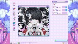 Rule 34 | 1girl, :&lt;, ame-chan (needy girl overdose), black eyes, black hair, black nails, black ribbon, blush, building, chinese text, clock, collar, collared shirt, fake screenshot, game over, hair ornament, hair over one eye, hair tie, hairclip, heart, highres, icon (computing), index fingers together, jirai kei, looking at viewer, medium hair, multicolored nails, neck ribbon, needy girl overdose, pill, power lines, red nails, red shirt, ribbon, road, shi mita, shirt, sky, solo, street, twintails, upper body, utility pole, white collar, window (computing), windows desktop, x hair ornament