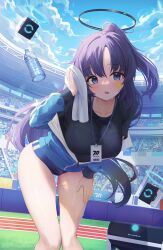 Rule 34 | 1girl, absurdres, bent over, black shirt, blue archive, blue buruma, blue eyes, blue jacket, bottle, bralines, breasts, buruma, day, drone, feet out of frame, half updo, halo, hand on own thigh, hand up, handkerchief, highres, holding, hwa sawa, id card, jacket, large breasts, long hair, long sleeves, looking at viewer, off shoulder, official alternate costume, open mouth, outdoors, purple hair, shirt, short sleeves, solo, standing, sticker on face, sweat, thighs, very long hair, water bottle, yuuka (blue archive), yuuka (track) (blue archive)