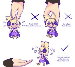 Rule 34 | &gt; &lt;, &gt;o&lt;, 1girl, blonde hair, brown eyes, cape, checkmark, commentary, dress, earmuffs, english text, highres, how to hold x (meme), meme, mini person, minigirl, pointy hair, purple cape, purple skirt, short hair, shygardeneel, simple background, skirt, solo focus, tearing up, touhou, toyosatomimi no miko, white background, x, yellow footwear