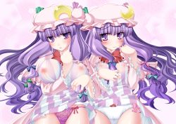 Rule 34 | 2girls, :&lt;, between breasts, blush, bow, bow panties, breast envy, breasts, clothes lift, comparison, dress, dress lift, dual persona, embarrassed, female focus, flat chest, hat, iganseijin, large breasts, lingerie, long hair, multiple girls, naughty face, nipples, panties, patchouli knowledge, purple eyes, purple hair, see-through, shy, skirt, skirt lift, touhou, underwear