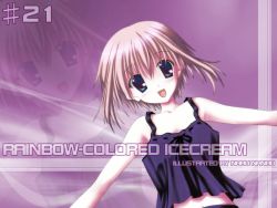 Rule 34 | 1girl, :d, armpits, bare shoulders, blonde hair, blue eyes, camisole, dutch angle, looking at viewer, nanao naru, open mouth, pink hair, short hair, sleeveless, smile, solo, text focus, upper body, wallpaper, zoom layer