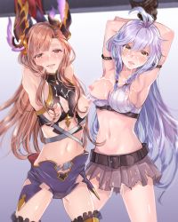 Rule 34 | 2girls, ahoge, arms up, blush, bound, bound arms, breasst outside, breasts, brown eyes, brown hair, cum, cum on body, cum on breasts, cum on clothes, cum on upper body, facial, granblue fantasy, groin, hair ornament, highres, long hair, looking at viewer, medium breasts, midriff, multiple girls, myusha, navel, nipples, one breast out, open mouth, pussy juice, silva (granblue fantasy), silver hair, skirt, tank top, thighhighs, torn clothes, torn skirt, tweyen (granblue fantasy)
