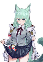 Rule 34 | 1girl, absurdres, animal ear fluff, animal ears, arknights, blush, breasts, cardigan, cat ears, cat girl, cat tail, cowboy shot, green eyes, green hair, harmonie (arknights), highres, long hair, long sleeves, looking at viewer, medium breasts, metiru ag, open mouth, pleated skirt, simple background, skirt, skirt hold, solo, tail, white background