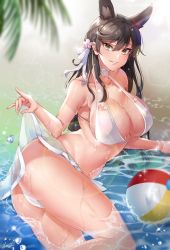 Rule 34 | 1girl, :d, animal ears, arm support, ass, atago (azur lane), atago (summer march) (azur lane), atago (summer march) (azur lane), azur lane, ball, bare shoulders, beach, beachball, bikini, black hair, bow, breasts, casual one-piece swimsuit, choker, cleavage, clothes lift, collarbone, commentary request, criss-cross halter, day, extra ears, flower, grin, hair between eyes, hair flower, hair ornament, halterneck, highres, large breasts, lens flare, lifted by self, long hair, looking at viewer, lying, mole, mole under eye, on side, one-piece swimsuit, open mouth, outdoors, palm tree, partially submerged, polla, revision, ribbon, sarong, sarong lift, sidelocks, smile, solo, sparkle, swept bangs, swimsuit, teeth, tree, water, wet, white bikini, white bow, white choker, white ribbon, white sarong