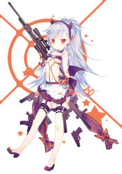 Rule 34 | 1girl, ao jun, apron, bow, breasts, choker, closers, collarbone, demon wings, fake horns, footwear bow, frilled apron, frills, full body, gun, high ponytail, holding, holding gun, holding weapon, horns, long hair, looking at viewer, midriff, miniskirt, navel, orange eyes, pumpkin, purple footwear, purple hair, purple skirt, purple wings, shoes, silver hair, simple background, skirt, small breasts, solo, standing, stomach, thigh strap, tina (closers), underwear, very long hair, weapon, white apron, white background, wings