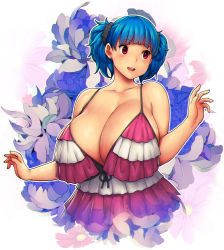 Rule 34 | 1girl, blue hair, blunt bangs, breasts, dress, erkaz, highres, huge breasts, rina atherina, solo, striped clothes, striped dress, tagme, veins, veiny breasts, white background