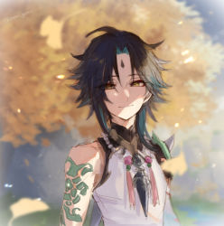 Rule 34 | 1boy, ahoge, arm tattoo, bare shoulders, bead necklace, beads, black hair, blurry, blurry background, closed mouth, eyes visible through hair, facial mark, forehead mark, genshin impact, green hair, jewelry, long hair, looking at viewer, maka (morphine), male focus, multicolored hair, necklace, parted bangs, shoulder pads, shoulder spikes, sleeveless, slit pupils, smile, solo, spikes, tassel, tattoo, tree, xiao (genshin impact), yellow eyes