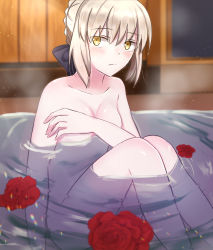 Rule 34 | 1girl, :s, absurdres, arm support, artoria pendragon (fate), bath, black ribbon, blonde hair, blush, braid, breasts, covering privates, covering breasts, fate (series), flower, french braid, highres, looking at viewer, nude, partially submerged, petals, ribbon, rose petals, saber (fate), saber alter, sii artatm, small breasts, solo, steam, yellow eyes