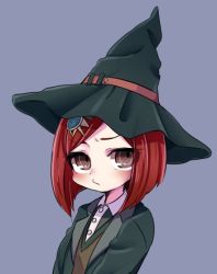Rule 34 | 1girl, blue background, blush, brown eyes, closed mouth, collared shirt, commentary request, danganronpa (series), danganronpa v3: killing harmony, eyes visible through hair, frown, hair ornament, hairclip, hat, kai himo, long sleeves, looking at viewer, pout, red hair, robe, shirt, short hair, simple background, solo, upper body, witch, witch hat, yumeno himiko